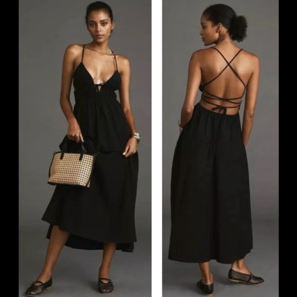 l*space Dresses & Skirts - L*Space Playa Vista Open Crossback Linen Blend Midi Dress Black Size M - NWT